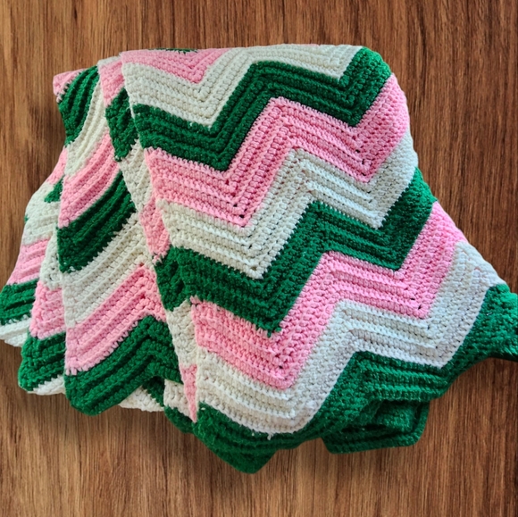 Vintage Handmade Pink, green and White Chevron Crocheted Blanket